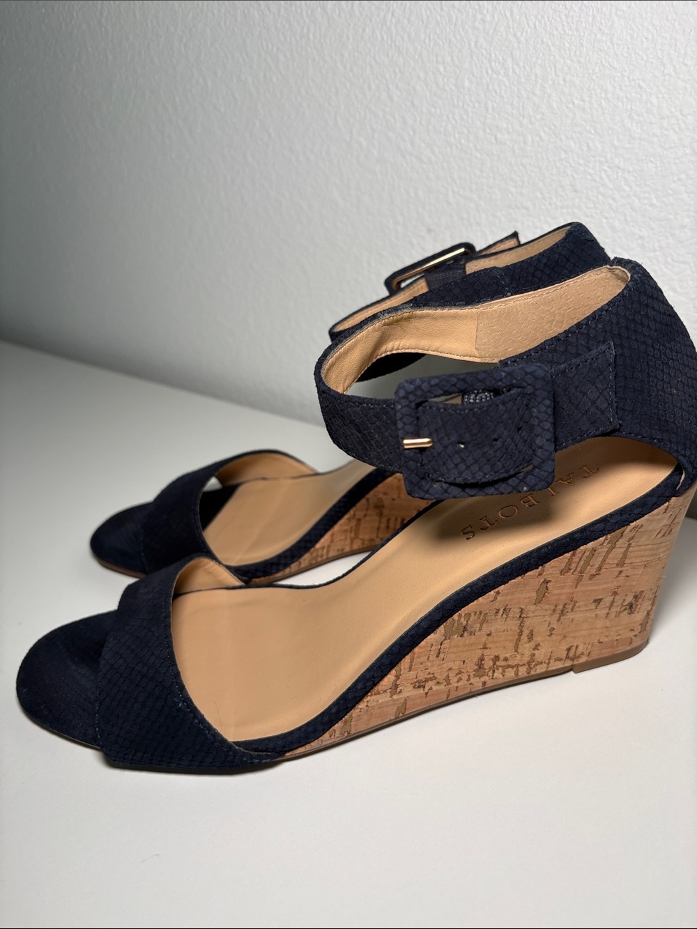 Talbots Navy Cork Wedges with Ankle Buckle - Picture 3 of 5